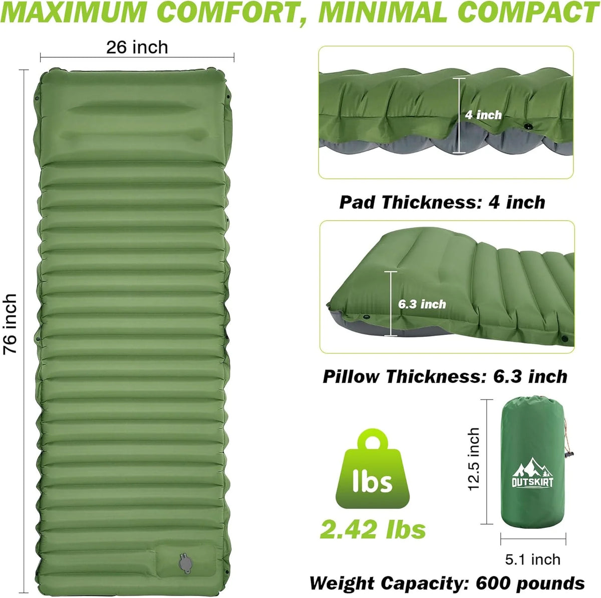 4-Inch Self-Inflating Camping Sleeping Pad TPU Nylon for Hiking