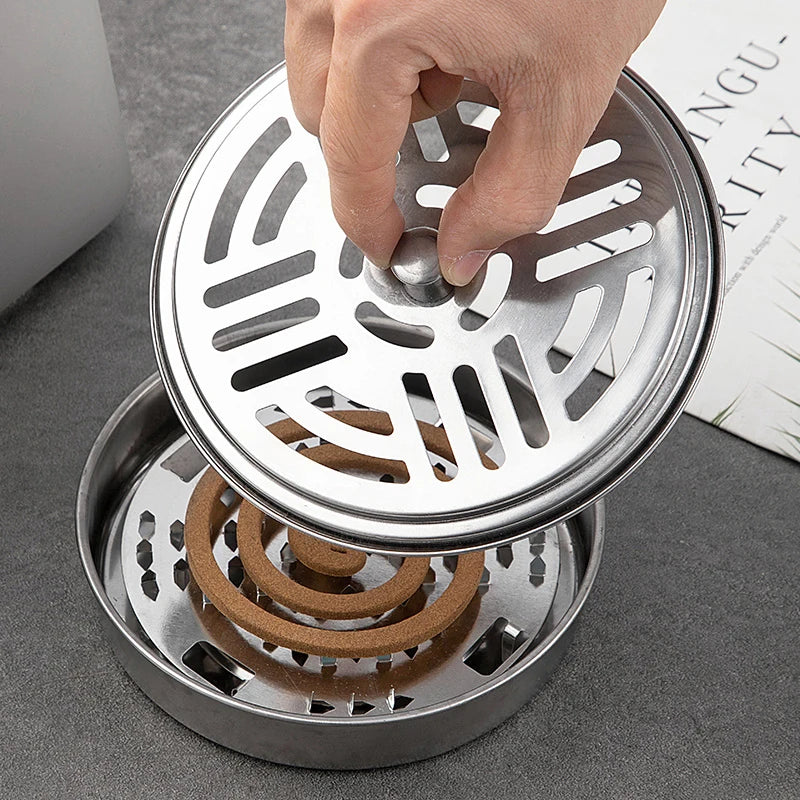 Portable Stainless Steel Mosquito Coil Holder with Cover for Camping