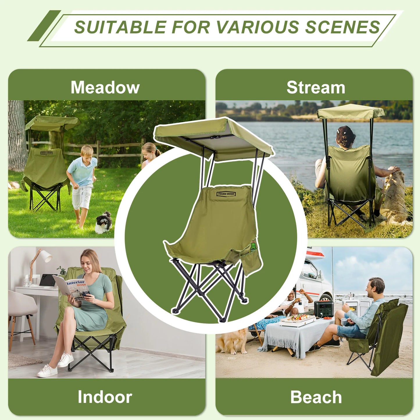 Portable Camping Chair with Shade Canopy - Lightweight Beach Chair